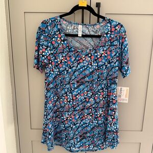 LuLaRoe Perfect T (Blue and Pink Geometric Short Sleeve Top)